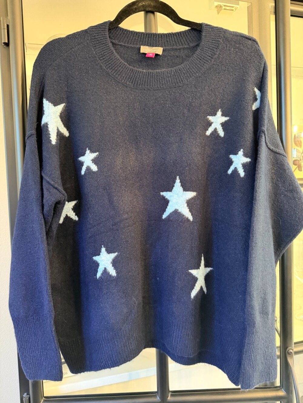 Vince Camuto Star Detail Drop Shoulder Crewneck Sweater Classic Navy Blue